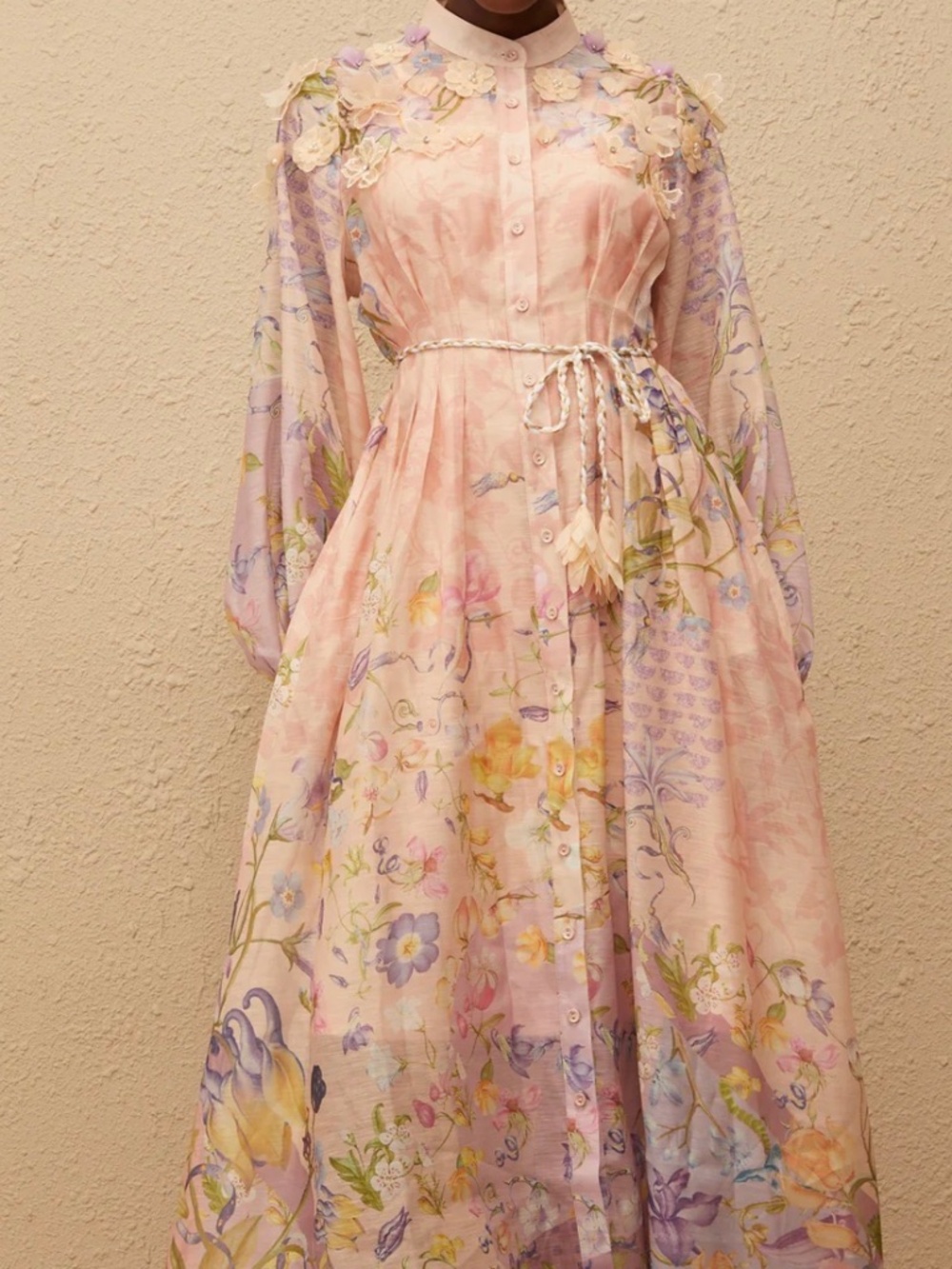 Floral Pink Maxi Dress with Sheer Long Sleeves